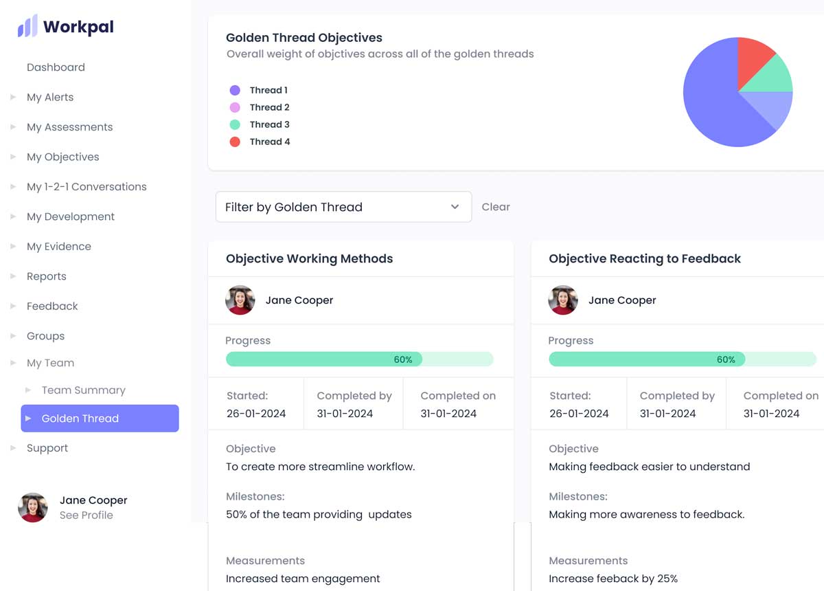 Workpal dashboard showing Golden Thread objectives, progress bars and team objective cards