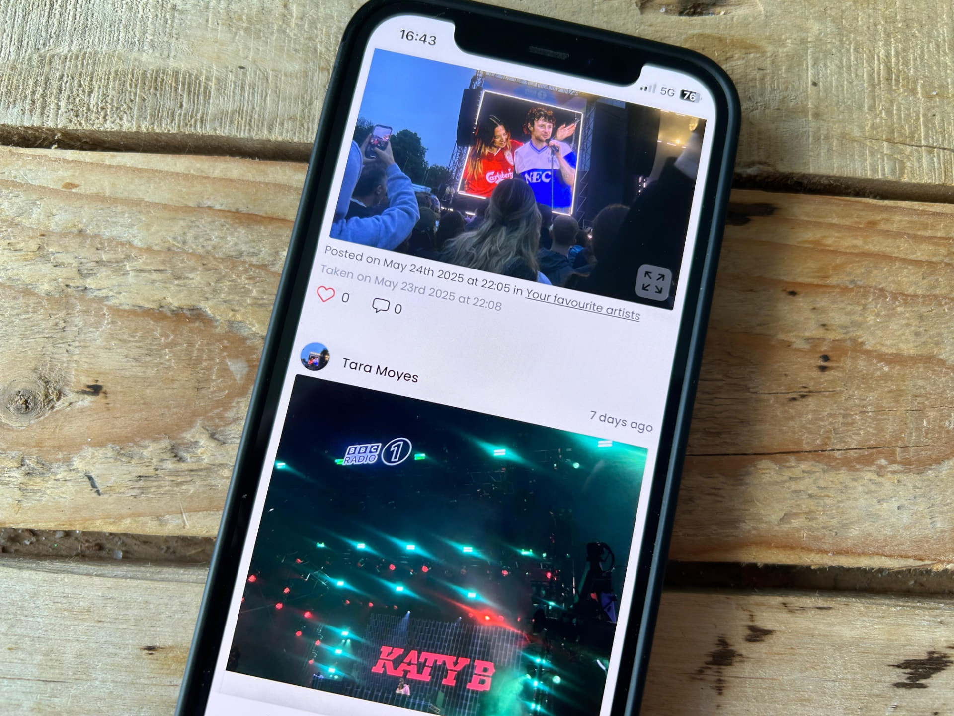 A phone screen showing multiple event photos and social posts, illustrating how the same experience is remembered through different perspectives.