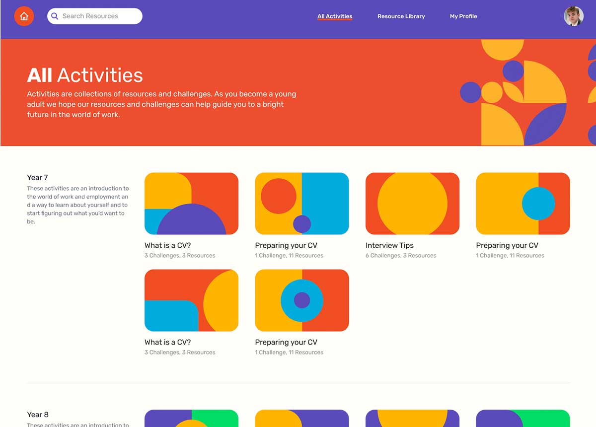 Get Connected platform showing the All Activities page with year-group collections of careers resources and challenges